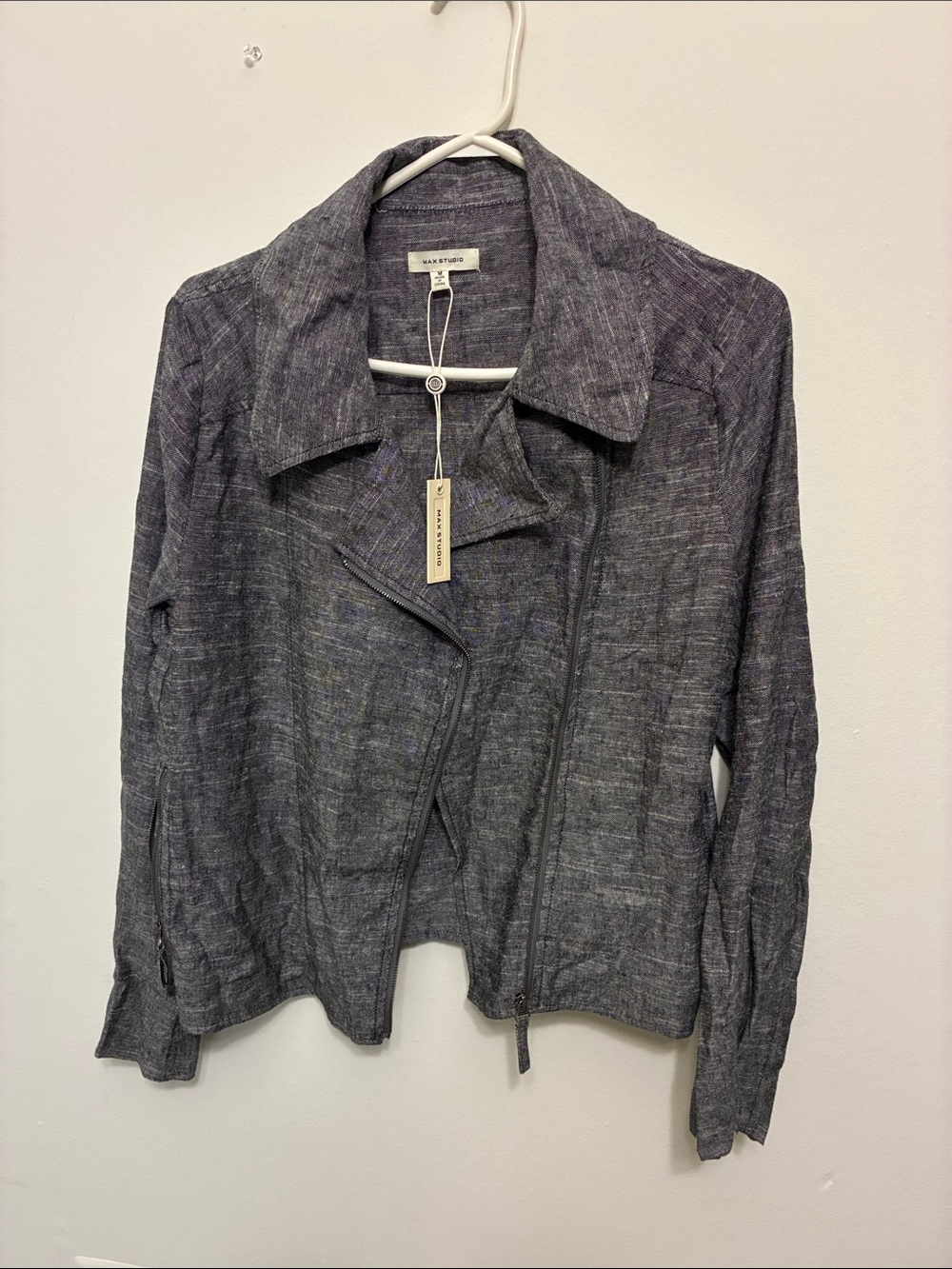 Max Studio Gray Textured Asymmetrical Zip Jacket